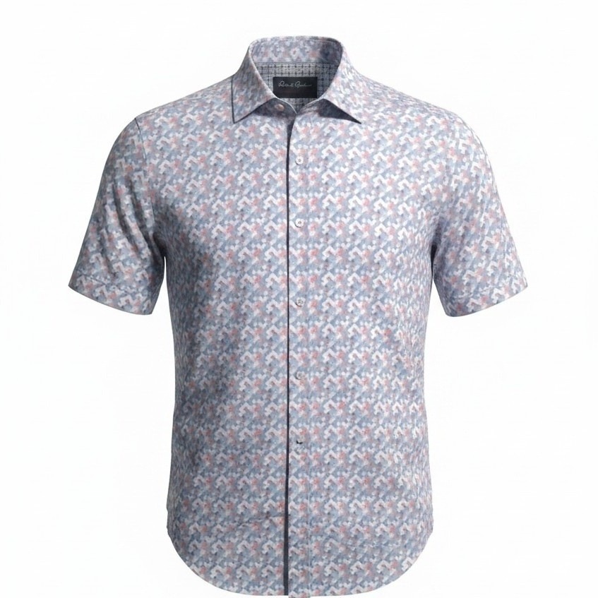Robert Graham Banner Pixel Geometric Mens Large Short Sleeve Preppy Career Shirt